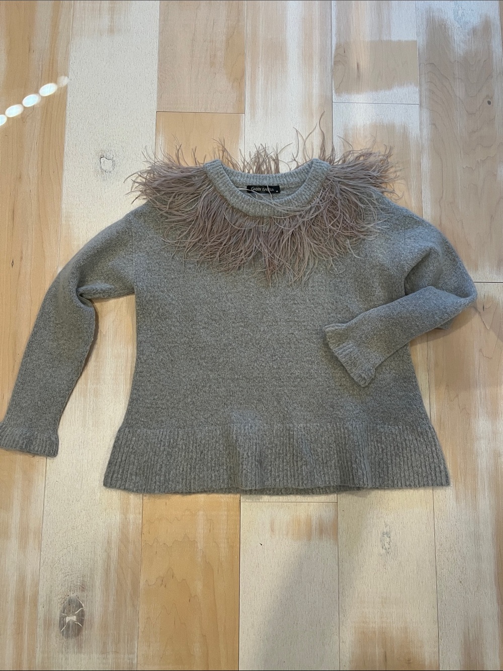 Gabby Isabella Taupe Crewneck Sweater with Ostrich Feather Trim